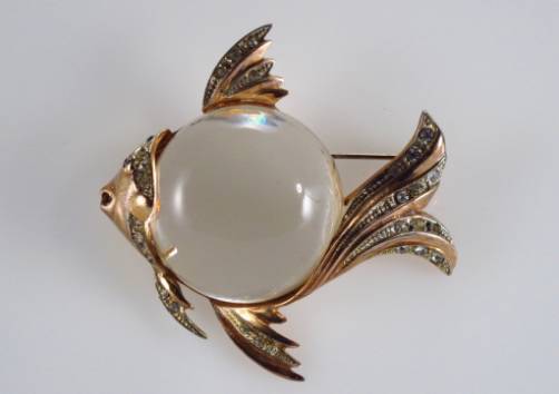 Coro Jelly Belly vintage fish vermeil gold gilt sterling silver & rhinestones by Adolph Katz,1940`s ca, American